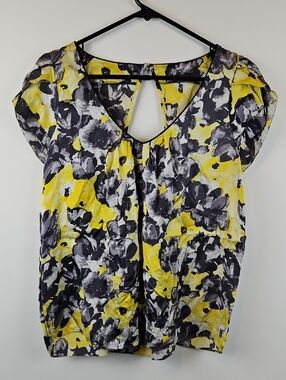 Kenar 100 % Silk Yellow and Black Floral Keyhole Top Size Large